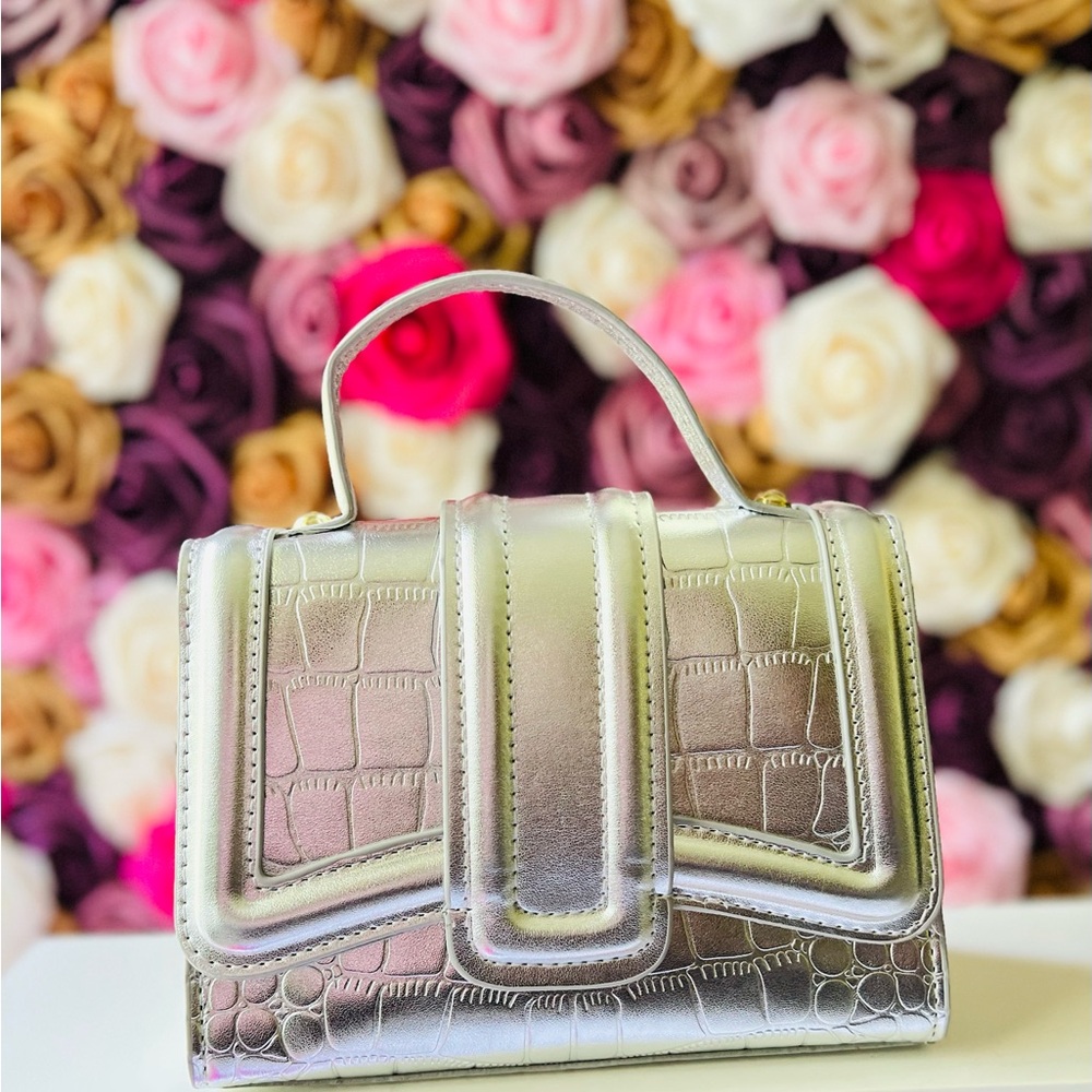 Metallic Silver Croc-Embossed Top Handle Bag